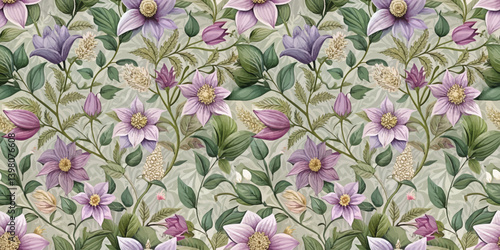 Beautiful floral pattern featuring purple and pink flowers with lush green leaves.