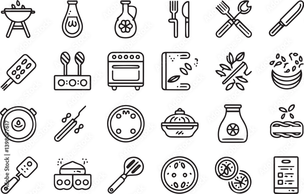 Obraz premium Kitchen utensils, cooking icons, line art, simple illustrations, black and white, minimalist design, culinary symbols, food preparation tools, kitchenware, grill, bottles, cutlery, oven, ingredients