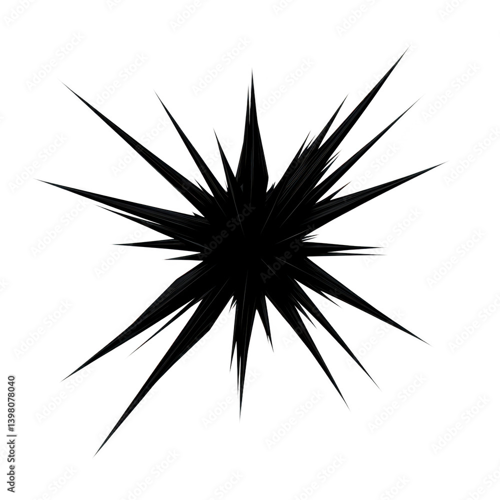 black starburst shape with sharp, jagged edges radiates outward, creating dynamic and energetic visual effect. design is bold and striking, suitable for graphic design or artistic projects