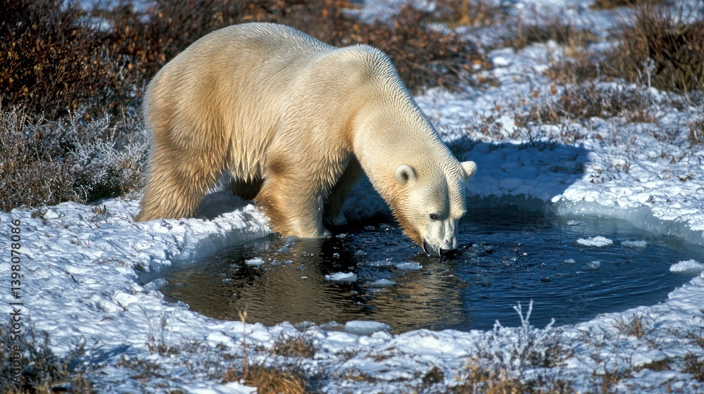 Naklejka premium A polar bear drinking from an icy hole in the Arctic.