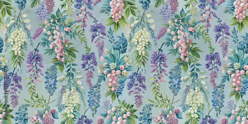 A vibrant floral pattern featuring soft pastel flowers and lush green foliage.