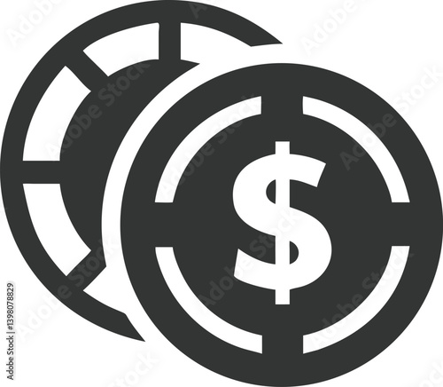 Black Coins Icon Featuring Dollar Symbol on Transparent Background