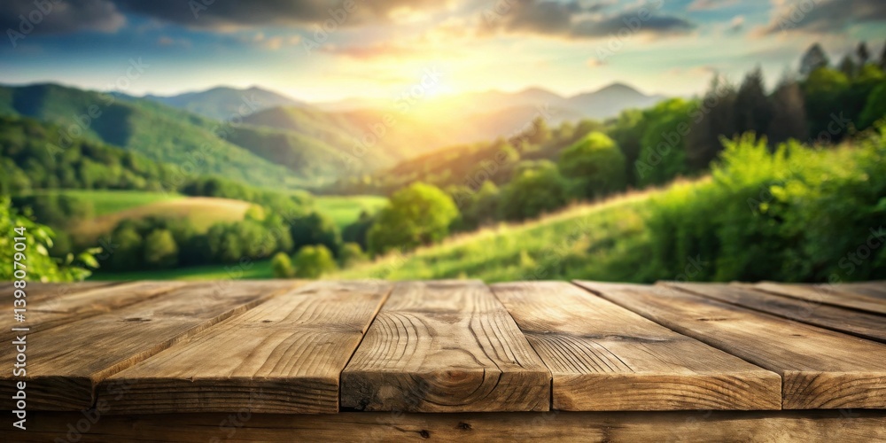 Rustic Wooden Tabletop Overlooking a Serene Landscape of Rolling Hills and Lush Greenery Bathed in the Golden Light of Sunset Rustic Wooden Tabletop Overlooking a Serene Landscape of Rolling Hills and Lush Greenery Bathed in the Golden Light of Sunset