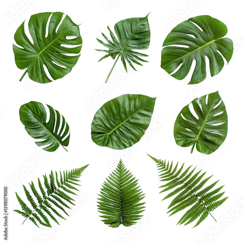 Tropical green leaves including monstera and fern arranged on transparency background, showcasing their vibrant and lush appearance. Perfect for nature themed designs