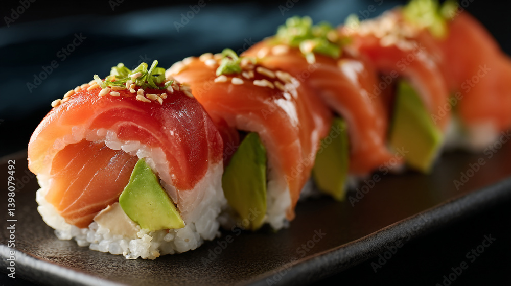 Delicious sushi roll with salmon avocado and rice perfect for a japanese food lunch or dinner meal treat Delicious sushi roll with salmon avocado and rice perfect for a japanese food lunch or dinner meal treat