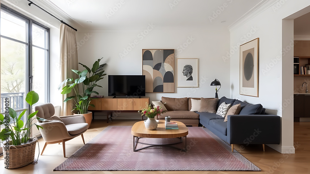 The interior design embraces a carefree and layered approach, creating a balanced and harmonious composition within the apartment. The interior design embraces a carefree and layered approach, creating a balanced and harmonious composition within the apartment.