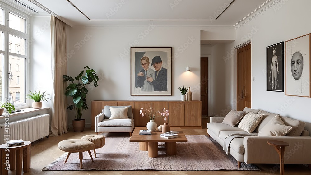 The interior design embraces a carefree and layered approach, creating a balanced and harmonious composition within the apartment. The interior design embraces a carefree and layered approach, creating a balanced and harmonious composition within the apartment.