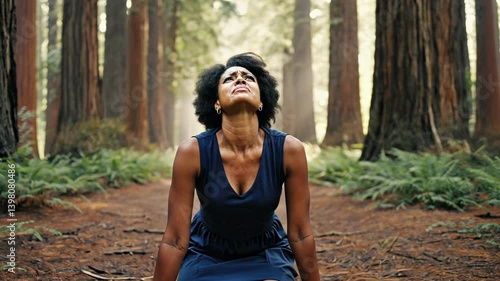 Woman kneeling in forest looking up with an expression of hope or desperation in natural light surrounded by trees and ferns.