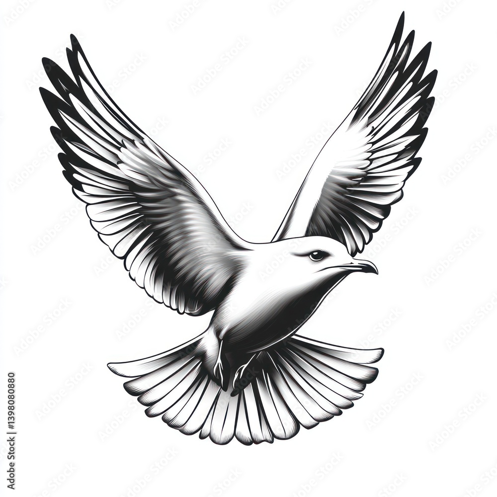 Obraz premium Monochrome seagull in flight, isolated on white, design element