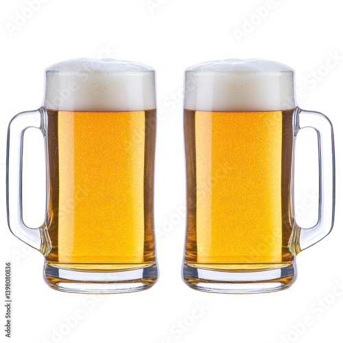Two frothy beer mugs filled with golden beer are placed side by side, showcasing refreshing and inviting appearance. clear glass highlights rich color and effervescence of beverage