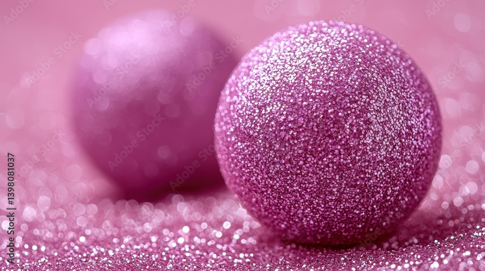 Sparkling Pink Christmas Ornaments on Glittery Surface Sparkling Pink Christmas Ornaments on Glittery Surface