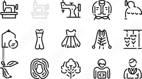 Simple line icons, sewing machine, tailor equipment, dress forms, clothing designs, fashion elements, garment patterns, vintage sewing tools, fabric textures, dressmaking symbols, stylized stitching,