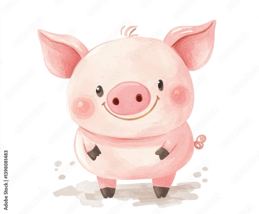 Pink pig stands smiling with small spots, for animal illustration, children's book Pink pig stands smiling with small spots, for animal illustration, children's book