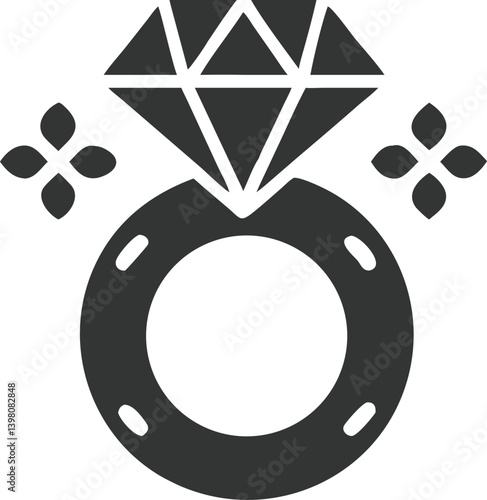 Diamond Ring Icon with Flowers Accent in Dark Gray on Transparent Background