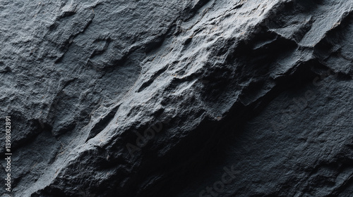 Close up of a dark gray rock formation with rough texture and natural light and shadow effects