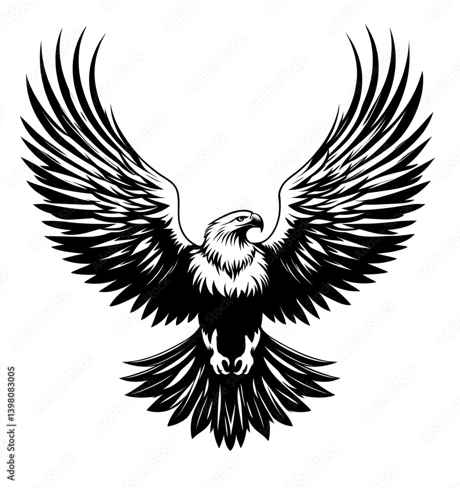 Obraz premium Majestic eagle soaring, wings spread wide, white background, vector illustration, logo design