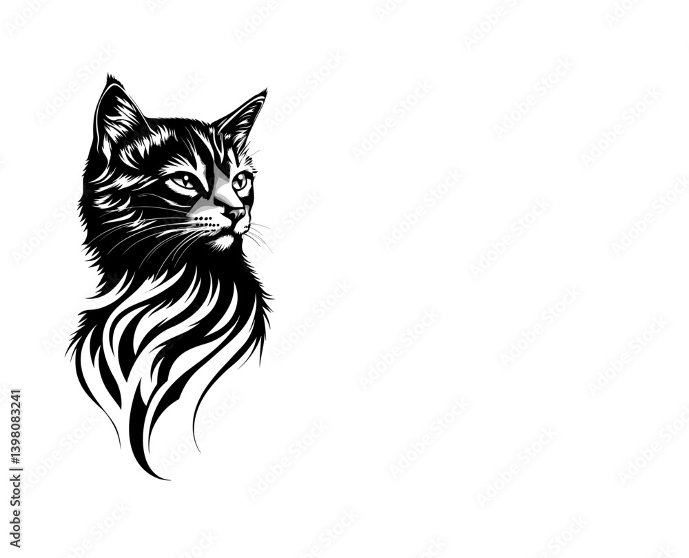 Fototapeta premium Highly detailed portrait of majestic cat sitting in poised pose isolated on white background with space for text