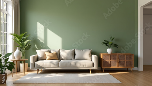 A refined living space centered around a stylish sofa with a low profile and tailored upholstery. The sage green wall sets a tranquil mood, while the natural light enhances the room's openness