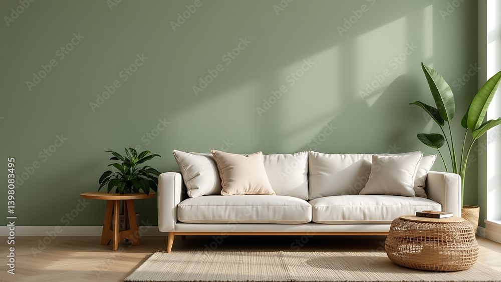 A sophisticated living area showcasing a modern sofa with a minimalist design and comfortable seating. The sage green wall offers a calming backdrop, highlighting the natural elements in the room A sophisticated living area showcasing a modern sofa with a minimalist design and comfortable seating. The sage green wall offers a calming backdrop, highlighting the natural elements in the room