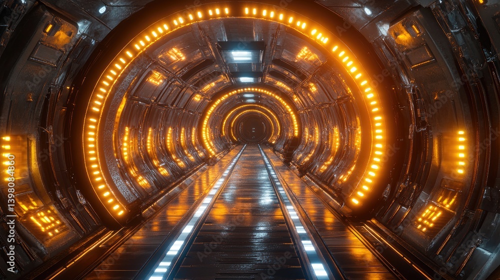 Obraz premium Futuristic tunnel with bright glowing lights and metallic structures