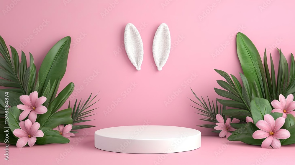 Obraz premium A minimalist display platform surrounded by vibrant tropical flowers and greenery.
