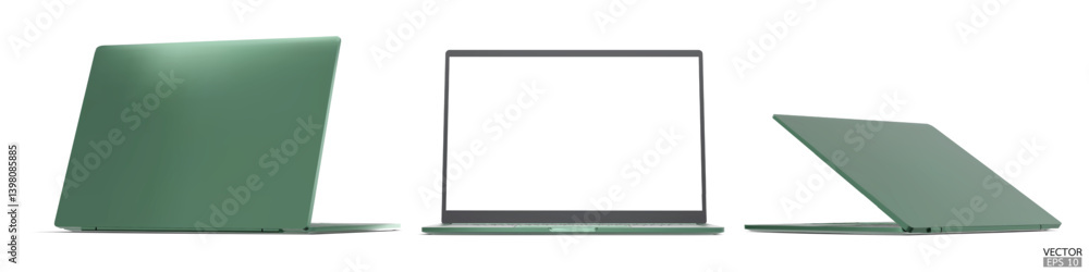 Fototapeta premium 3D image of green laptop, front and back view from different angles isolated on white background. Realistic Laptop green color mockup with blank screen display. 3D vector illustration.