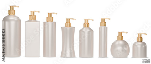 Set of Pearly pink Plastic Pump Bottles Mockup with Gold bottle cap Isolated on white Background. Cosmetic bottle mockup. Cosmetic product package. Pump container collection. 3D Vector Illustration