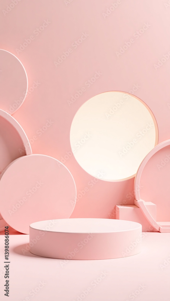 Fototapeta premium Abstract design with geometric shapes and podiums in soft pink color