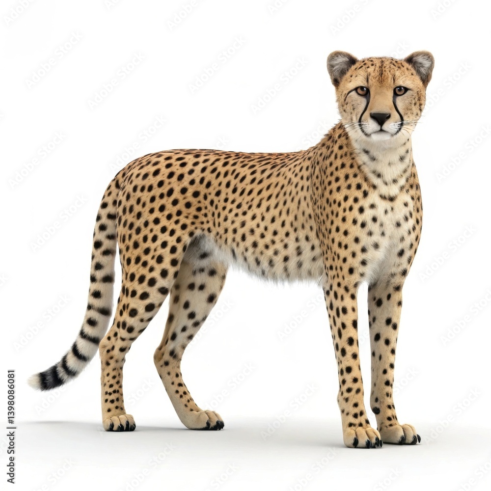 Cheetah standing elegantly with a distinct coat of spots against a white background. Cheetah standing elegantly with a distinct coat of spots against a white background.