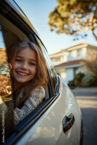 Happy Caucasian Family Young Girl Smiling Waving Electric SUV Car Suburban Lifestyle Home Journey
