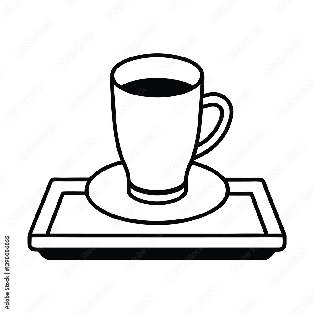 Simple Line Art Coffee Cup On Tray Minimalist Black And White Icon