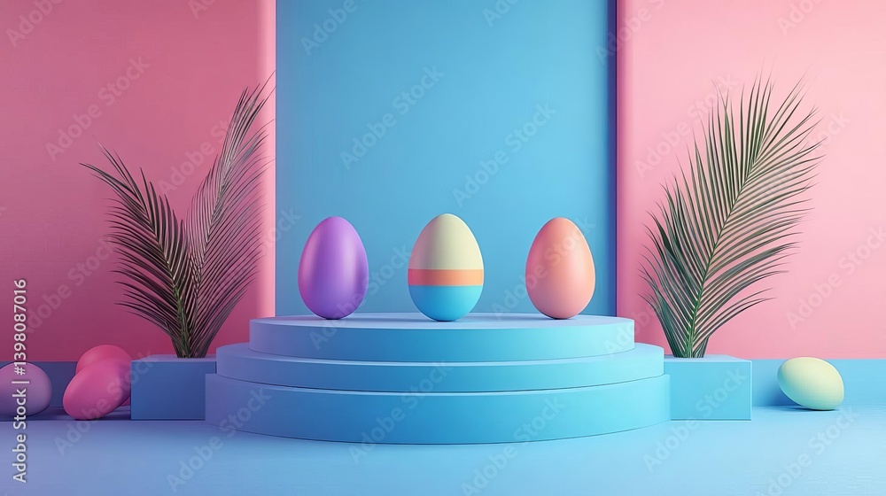 Colorful Easter eggs displayed on a vibrant background with tropical plants.