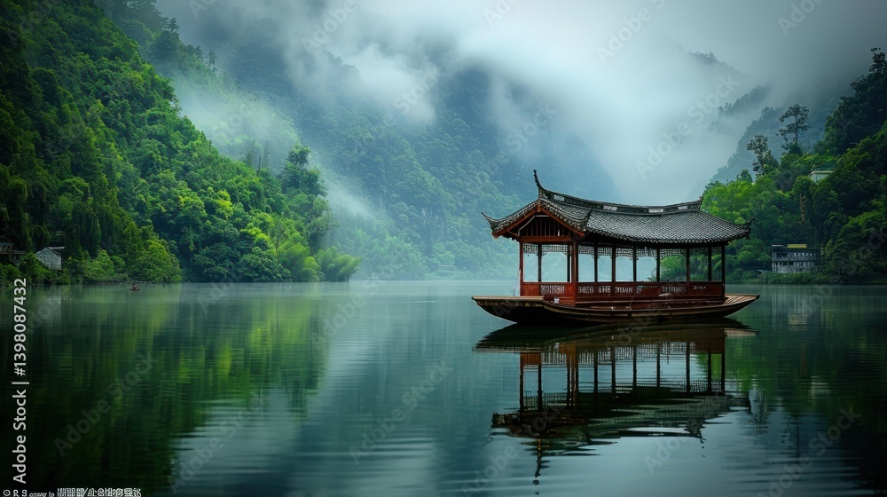 Fototapeta premium Boat on misty lake surrounded by forested hills, traditional architecture.