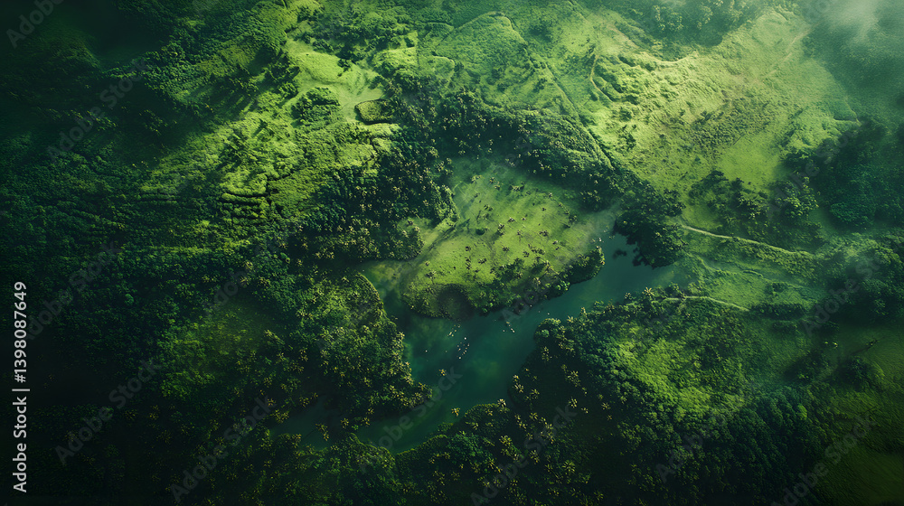 Fototapeta premium Aerial View of a Lush Green Landscape with a River