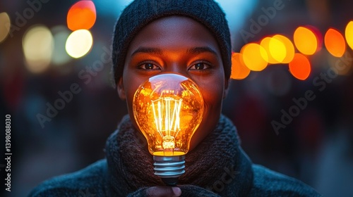 Illuminating Ideas: A Portrait of a Woman Holding a Glowing Light Bulb Against a Blurred City Nightscape