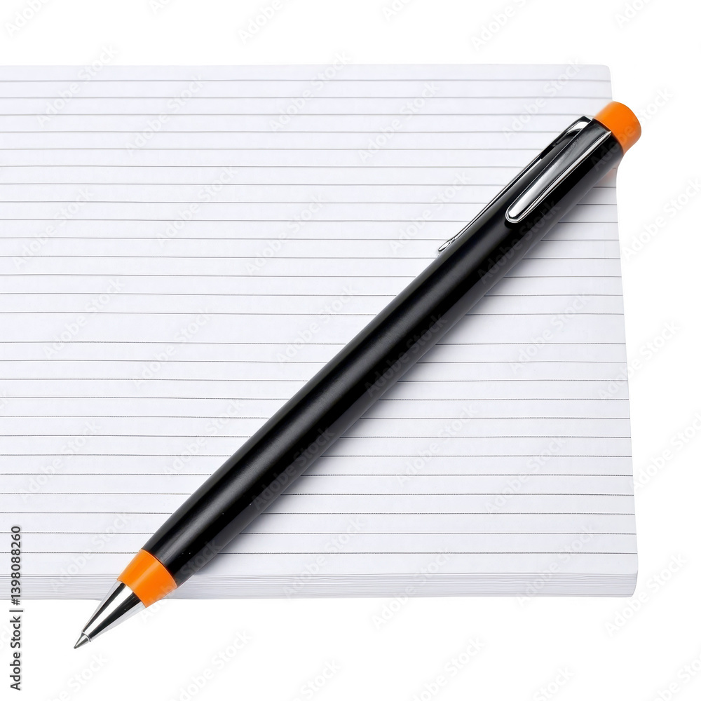 sleek black pen with orange accents rests on lined notebook, ready for writing or note taking. pen modern design complements simplicity of paper, inviting creativity sleek black pen with orange accents rests on lined notebook, ready for writing or note taking. pen modern design complements simplicity of paper, inviting creativity