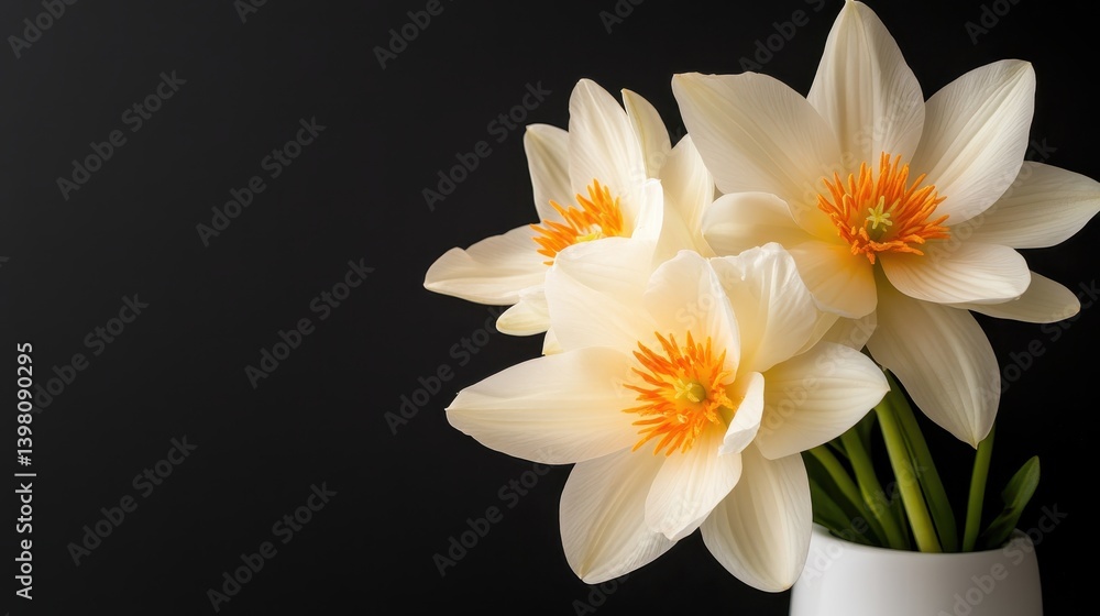 Naklejka premium A charming bouquet of delicate white flowers with orange accents is captured in a sleek white vase, set against a dark backdrop, creating a striking visual effect.