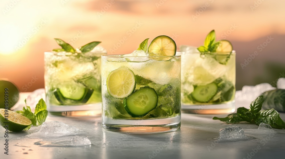 A stunning display of refreshing cucumber mint cocktails with ice against a sunset backdrop, celebrating the joy and relaxation of summer evenings with friends. A stunning display of refreshing cucumber mint cocktails with ice against a sunset backdrop, celebrating the joy and relaxation of summer evenings with friends.