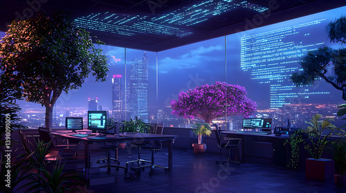 Pixelated Night City Office Rooftop View