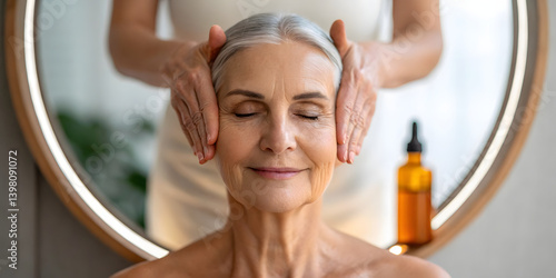 Senior woman enjoying wellness massage in serene lifestyle setting with glowing skin and relaxation focus.elderly