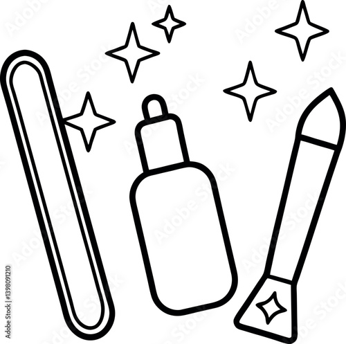 Simple Outline of a Nail Filer, Polish, and Brush with Star Accents