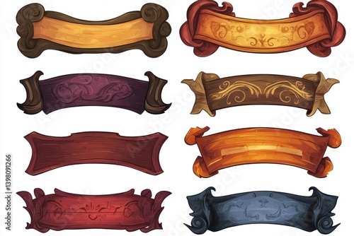 Ornate Banner Collection: An artistic assortment of intricately designed banners in a variety of warm, inviting tones, ideal for adding a touch of classic elegance. 