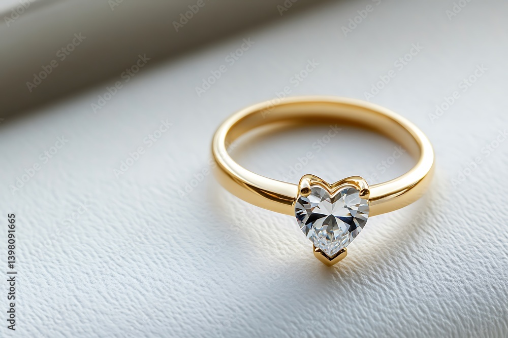 An elegant gold engagement ring with a heart diamond, resting on a matte white surface to highlight its design. An elegant gold engagement ring with a heart diamond, resting on a matte white surface to highlight its design.
