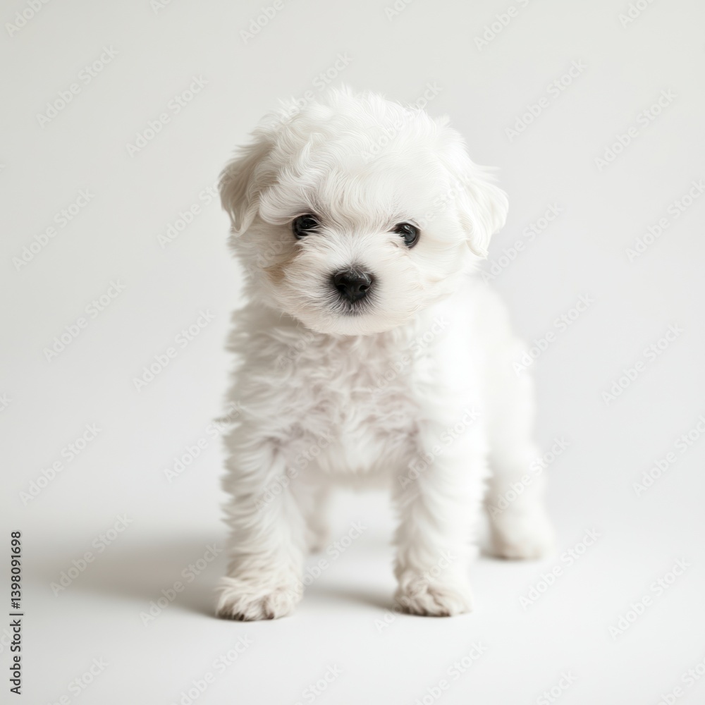 Fluffy white puppy posing, studio shot, white background, pet adoption Fluffy white puppy posing, studio shot, white background, pet adoption