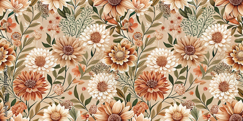 Floral pattern featuring vibrant sunflowers and delicate blooms in warm earthy tones.