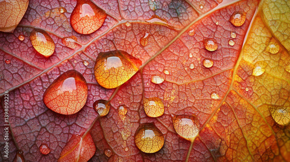 Obraz premium A close-up view of vibrant autumn leaves adorned with fresh water droplets, highlighting intricate vein patterns and rich colors like orange, red, and brown.