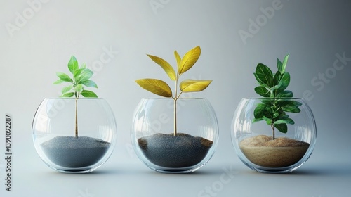 Three Glass Vases Hold Plants with Different Soil Types, Highlighting Diversity and Adaptability in Controlled Environments