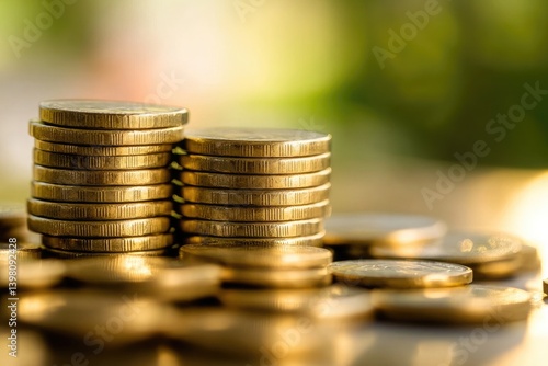 Stacks of Shiny Gold Coins Reflect Sunlight, Symbolizing Wealth Accumulation and Financial Prosperity in a Vibrant Setting