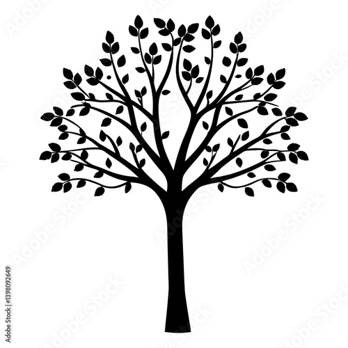 Black Silhouette of a Lush Deciduous Tree with Full Foliage