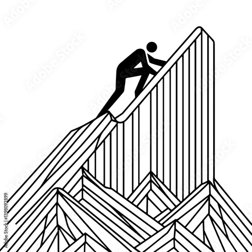 Minimalistic persistence symbol mountain climb illustration in black and white line art style
